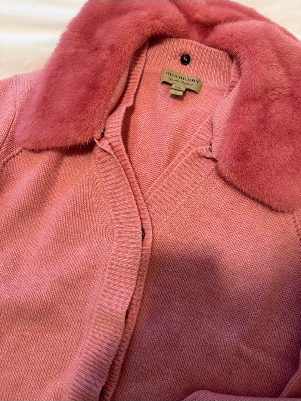 Burberry Rose Pink Knit Cardigan with Fur Collar